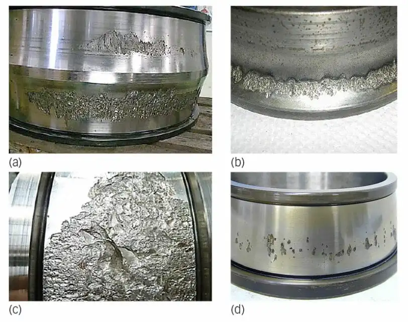 falhas prematuras em rolamentos Alguns exemplos típicos de falha prematura de rolamentos de (a) máquinas de papel, (b) compressores, (c) estágios de baixa velocidade e (d) de alta velocidade de uma caixa de engrenagens de turbina eólica