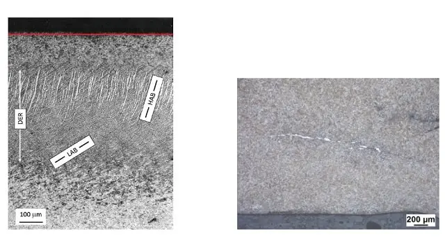 Esquerda: Regiões de gravação escura (DER), bandas de baixo ângulo (LAB) e alto ângulo (HAB) em rolamentos rígidos de esferas (linha vermelha: pista do rolamento); à direita: Ocorrência de trincas brancas em um grande teste de resistência de rolamento de rolos cônicos.